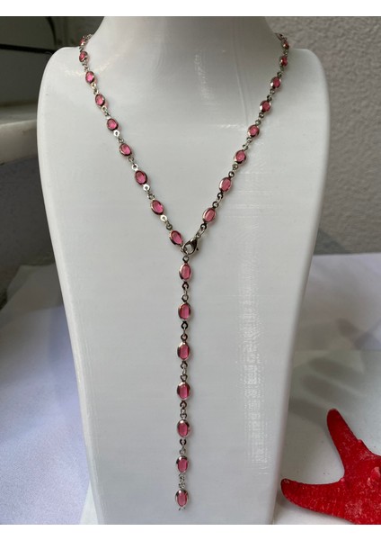 Pembe Oval Detaylı Gümüş Y Kolye