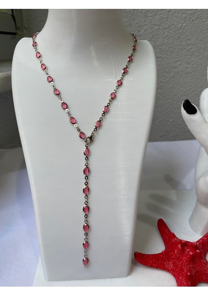 Pembe Oval Detaylı Gümüş Y Kolye