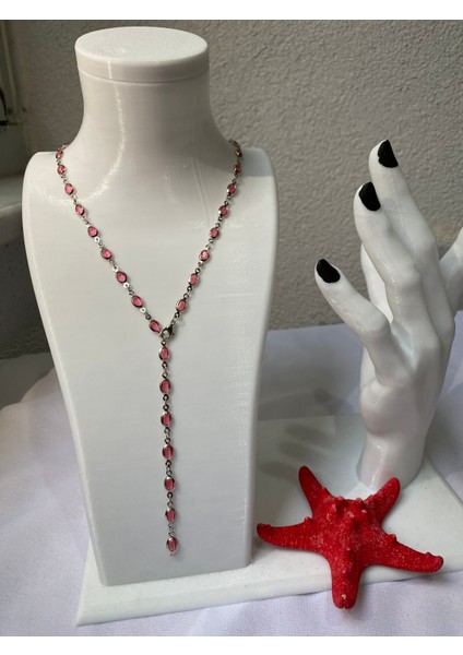 Pembe Oval Detaylı Gümüş Y Kolye