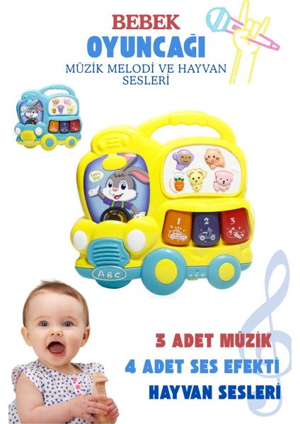 Bebek Oyuncağı Müzik Otobüsü Işıklı ve Müzikli 3 Farklı Mod Özellikli Melodi ve Hayvan Sesli Sarı