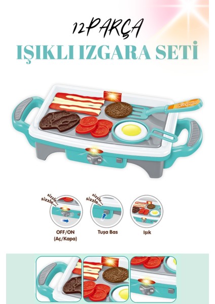 Mangal Seti Işıklı Pilli Kız Erkek Şef Çocuk Oyuncak Izgara Turkuaz