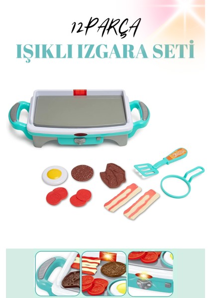 Mangal Seti Işıklı Pilli Kız Erkek Şef Çocuk Oyuncak Izgara Turkuaz modelleri