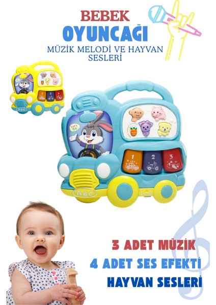 Bebek Oyuncağı Müzik Otobüsü Işıklı ve Müzikli 3 Farklı Mod Özellikli Melodi ve Hayvan Sesli
