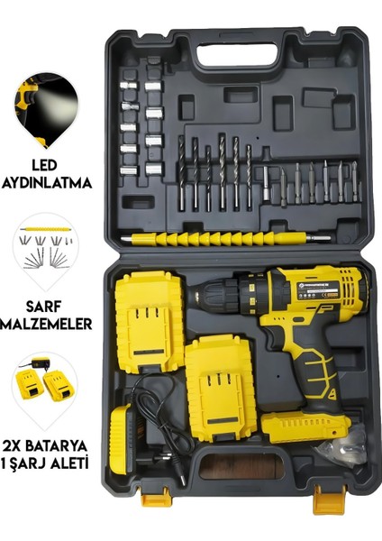 PH249 Akülü Plastik Mandren Darbesiz 58VF Vidalama Matkap Seti (Sarı) 5p