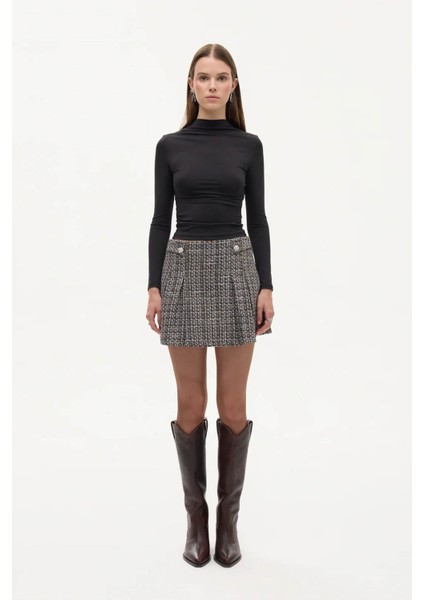 Pileli Düğme Aksesuarlı Tüvit Kahverengi Kadın Etek ETK00879