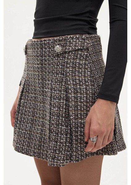 Pileli Düğme Aksesuarlı Tüvit Kahverengi Kadın Etek ETK00879 modelleri