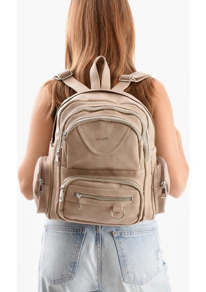 Suni Deri Kadın Sırt Çantası 38*28 cm Mega Bag Günlük Kullanıma Uygun Çok Cepli Içi Astarlı