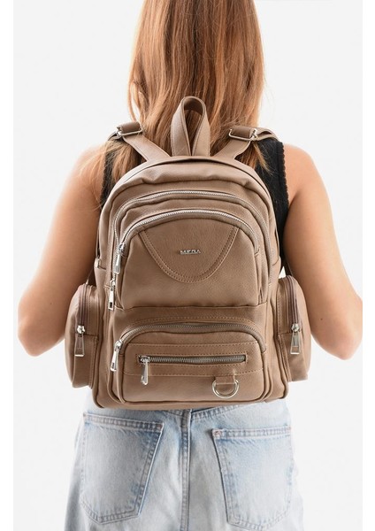 Suni Deri Kadın Sırt Çantası 38*28 cm Mega Bag Günlük Kullanıma Uygun Çok Cepli Içi Astarlı