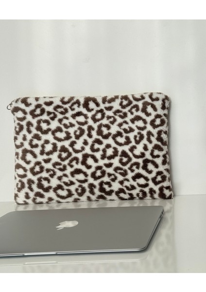 Leopar Pembe-Kahverengi Peluş 13 inc -14 inc -15 Inç - 16 inc Bilgisayar Çantası, Laptop Kılıfı, Notebook Kılıfı