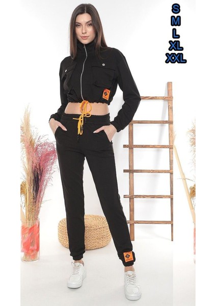 Göbeküstü Kadın Eşofman Takımı Cepli Fermuarlı Iki Iplik