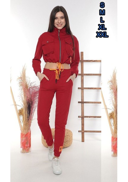 Göbeküstü Kadın Eşofman Takımı Cepli Fermuarlı Iki Iplik