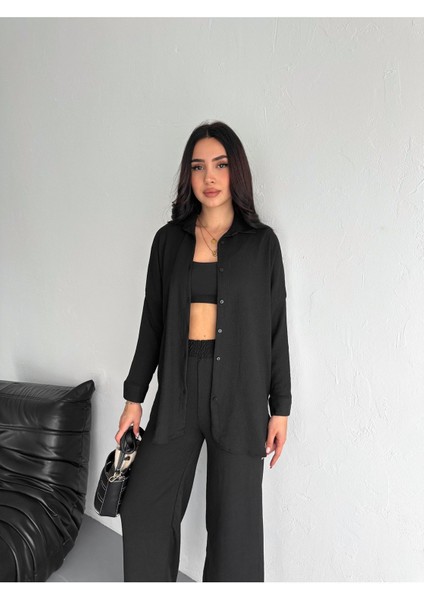 Gofre Uzun Kol Gömlekli Bürümcük Gömlekli Geniş Paçalı Ikili Takım