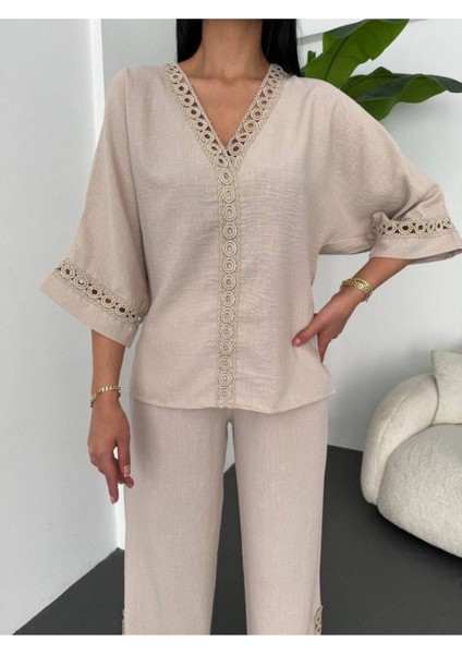 Dantelli Pantolunlu Keten Takım