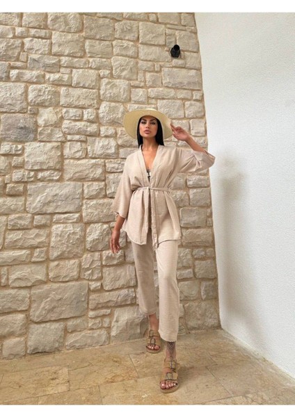 Kimono Bambu Keten Gömlekli Pantolunlu Takım modelleri