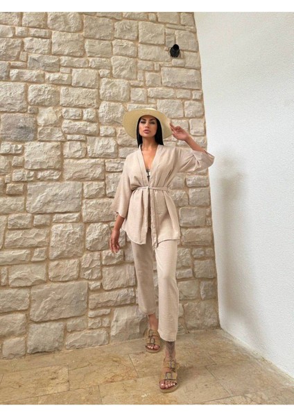 Kimono Bambu Keten Gömlekli Pantolunlu Takım fırsatları