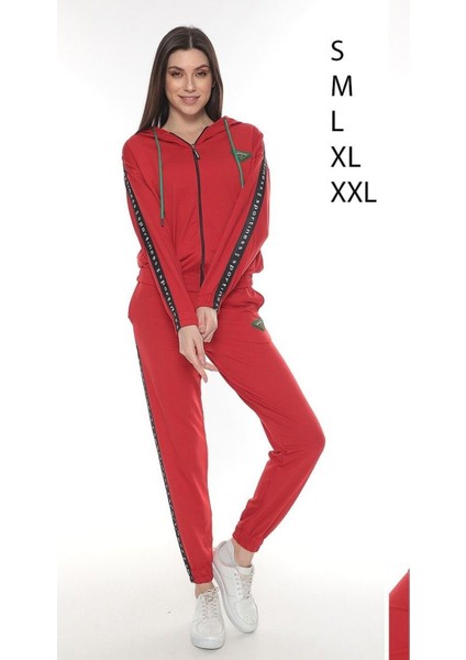 Fermuarlı Kapüşonlu Armalı Şeritli Iki Iplik Kadın Eşofman Takımı