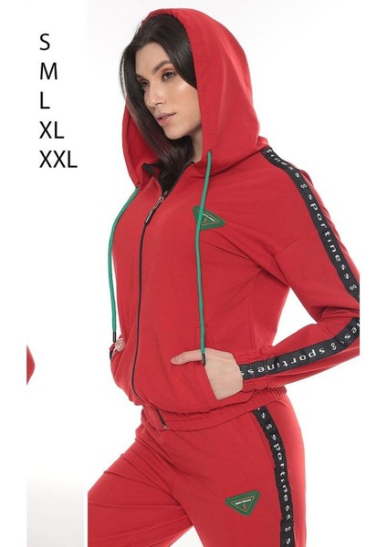 Fermuarlı Kapüşonlu Armalı Şeritli Iki Iplik Kadın Eşofman Takımı fiyatları