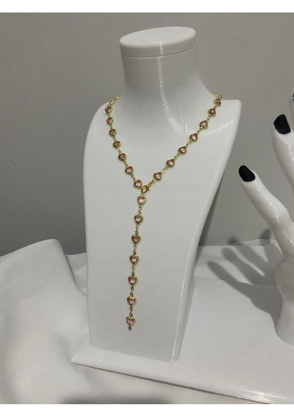 Pembe Kalp Detaylı Gold Y Kolye