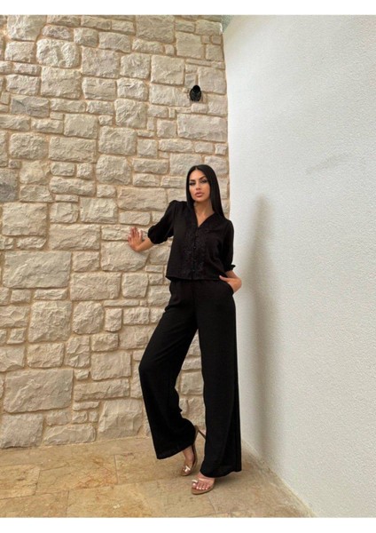 Nakışlı Düğmeli Ön Güpürlü V Yaka Gömlek Pantolunlu Takım modelleri