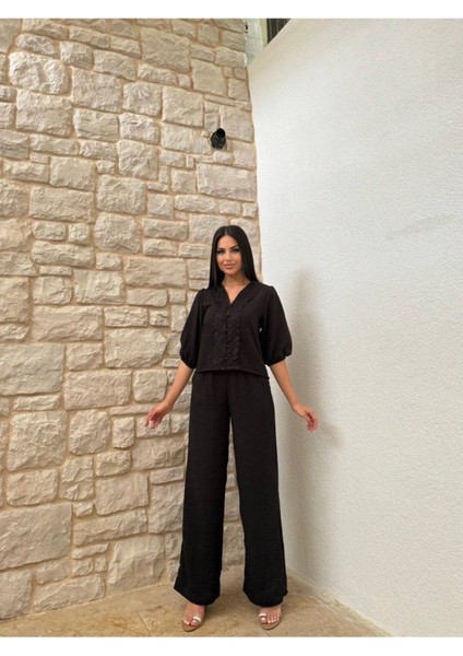Nakışlı Düğmeli Ön Güpürlü V Yaka Gömlek Pantolunlu Takım indirimleri