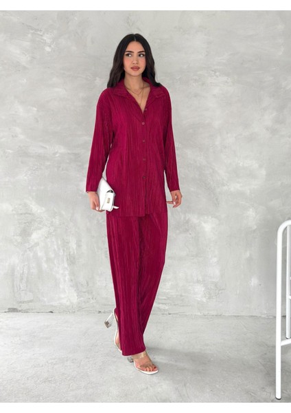 Piliseli Kumaş Beli Lastikli Rahat Kalıp Geniş Paça Pantolun Gömlekli Takım fiyatları