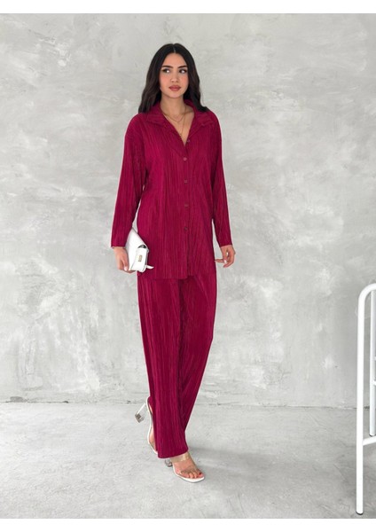 Piliseli Kumaş Beli Lastikli Rahat Kalıp Geniş Paça Pantolun Gömlekli Takım modelleri