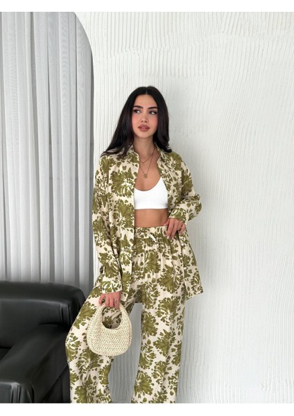 Beli Lastikli Desenli Modal Kumaş Geniş Paça Gömlekli Takım modelleri