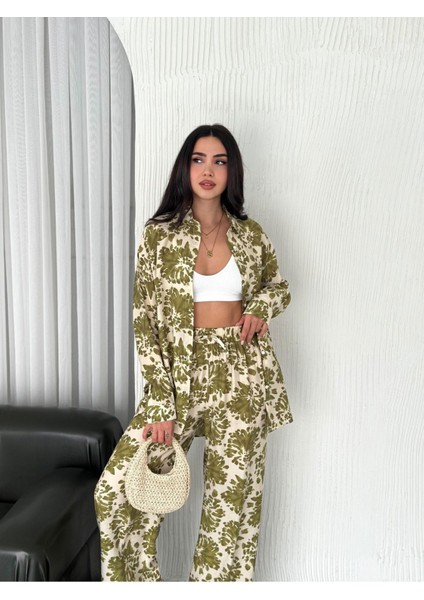 Beli Lastikli Desenli Modal Kumaş Geniş Paça Gömlekli Takım fırsatları