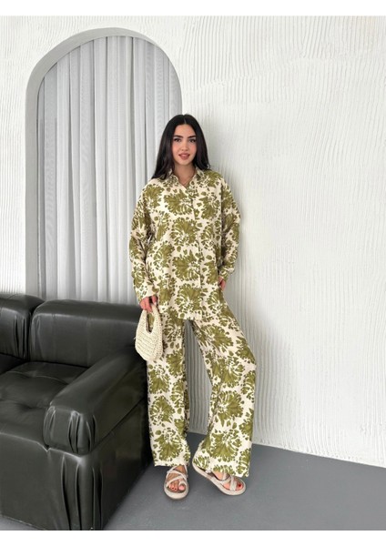 Beli Lastikli Desenli Modal Kumaş Geniş Paça Gömlekli Takım indirimleri