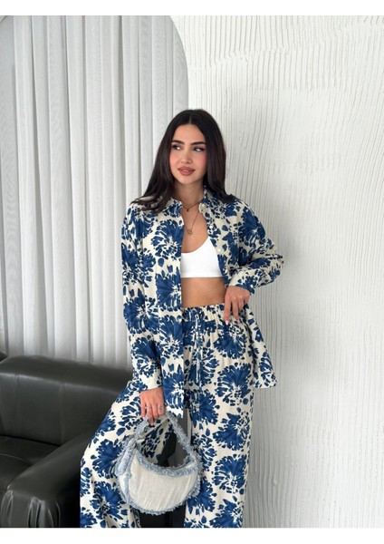 Beli Lastikli Desenli Modal Kumaş Geniş Paça Gömlekli Takım modelleri
