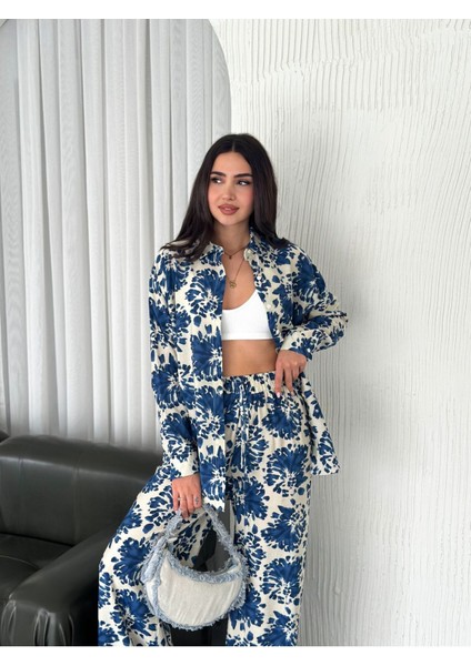 Beli Lastikli Desenli Modal Kumaş Geniş Paça Gömlekli Takım fırsatları