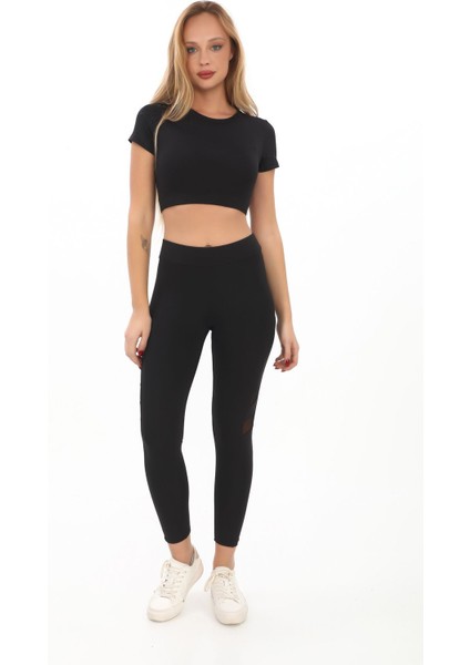 Slimfit Bisiklet Yaka Crop Body ve Tülü Tayt Combin Takım fiyatları