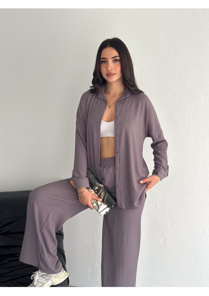 Gofre Uzun Kol Gömlekli Bürümcük Gömlekli Geniş Paçalı Ikili Takım