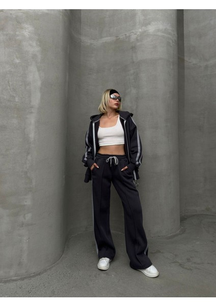 Biyeli Geniş Paça 3 Iplik Şardonlu Oversize Fermuarlı Eşofman Takım