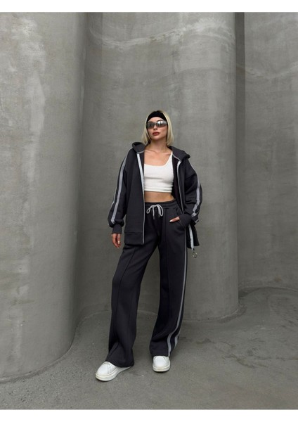 Biyeli Geniş Paça 3 Iplik Şardonlu Oversize Fermuarlı Eşofman Takım fiyatları