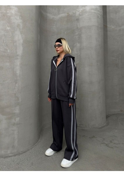 Biyeli Geniş Paça 3 Iplik Şardonlu Oversize Fermuarlı Eşofman Takım fırsatları