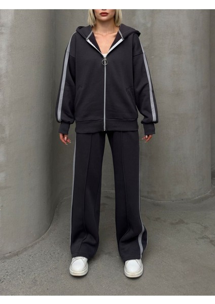 Biyeli Geniş Paça 3 Iplik Şardonlu Oversize Fermuarlı Eşofman Takım indirimleri