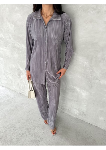 Piliseli Kumaş Beli Lastikli Rahat Kalıp Geniş Paça Pantolun Gömlekli Takım fiyatları