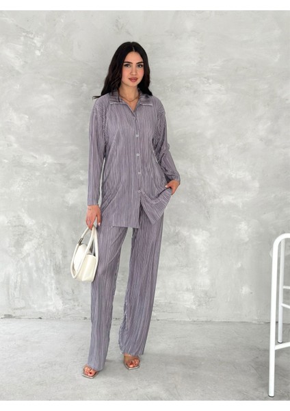 Piliseli Kumaş Beli Lastikli Rahat Kalıp Geniş Paça Pantolun Gömlekli Takım fırsatları