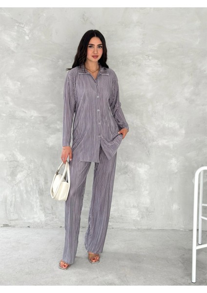Piliseli Kumaş Beli Lastikli Rahat Kalıp Geniş Paça Pantolun Gömlekli Takım indirimleri
