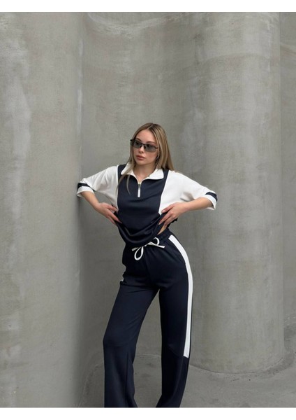 Garnili Yarım Fermuarlı Oversize Geniş Paça Yumuşak Doku Modal Kumaş Eşofman Takım