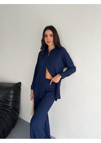 Gofre Uzun Kol Gömlekli Bürümcük Gömlekli Geniş Paçalı Ikili Takım