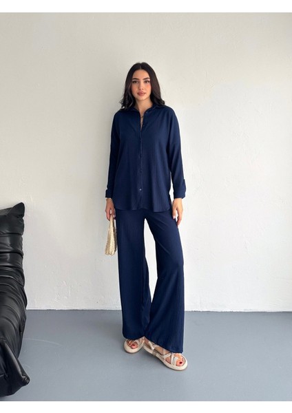 Gofre Uzun Kol Gömlekli Bürümcük Gömlekli Geniş Paçalı Ikili Takım modelleri