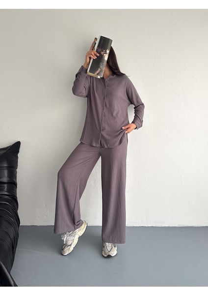 Gofre Uzun Kol Gömlekli Bürümcük Gömlekli Geniş Paçalı Ikili Takım modelleri