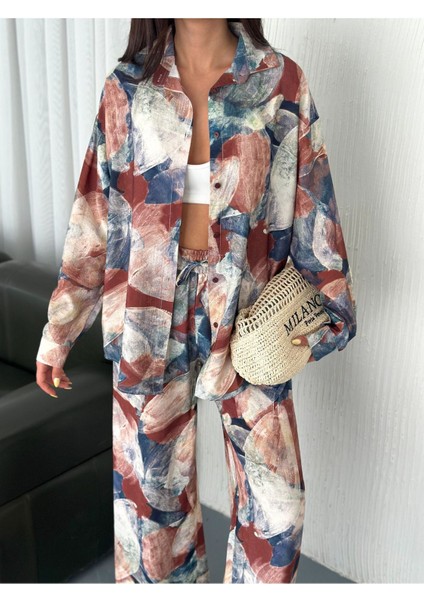 Desenli Dijital Baskılı Modal Lilyum Kumaş Gömlekli Takım