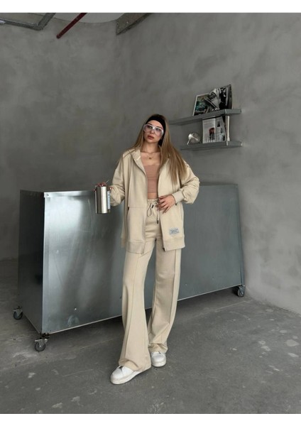 Oversize Kapşunlu Fermuarlı Etiket Detaylı 2 Iplik Kumaş Eşofman Takımı