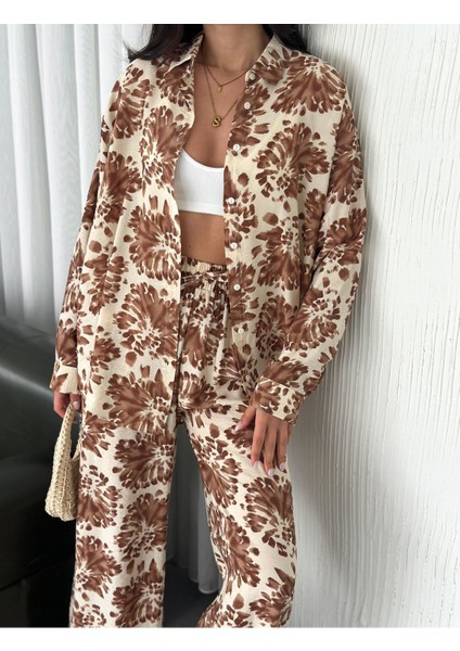 Beli Lastikli Desenli Modal Kumaş Geniş Paça Gömlekli Takım