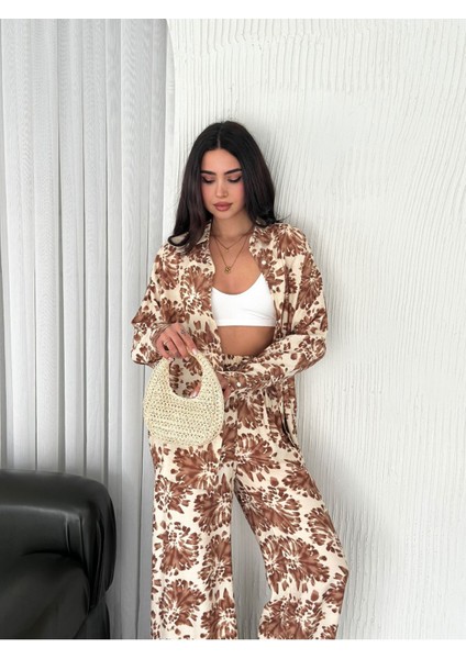 Beli Lastikli Desenli Modal Kumaş Geniş Paça Gömlekli Takım fiyatları