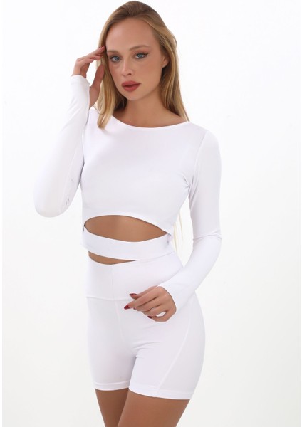 Bisiklet Yaka Esnek Şık Slimfit Kol Detaylı Bluz ve Toparlaycı Kombin Kısa Tayt Takım