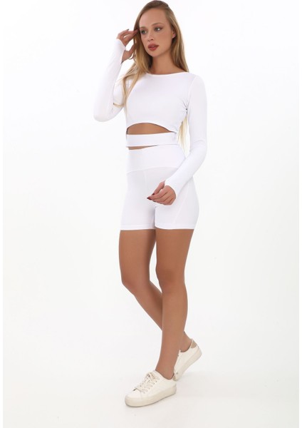Bisiklet Yaka Esnek Şık Slimfit Kol Detaylı Bluz ve Toparlaycı Kombin Kısa Tayt Takım fiyatları